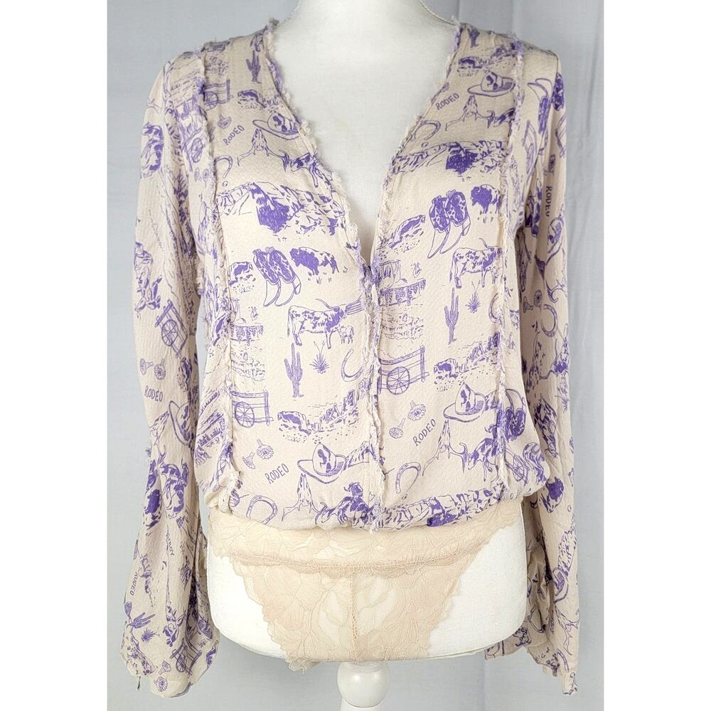 Free People Intimately Western Print Lace Bodysuit Top XS Boho Prairie Rodeo